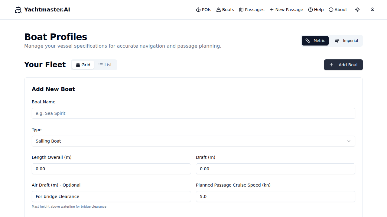 Add Boat form showing fields for name, type, dimensions, fuel, and sailing performance