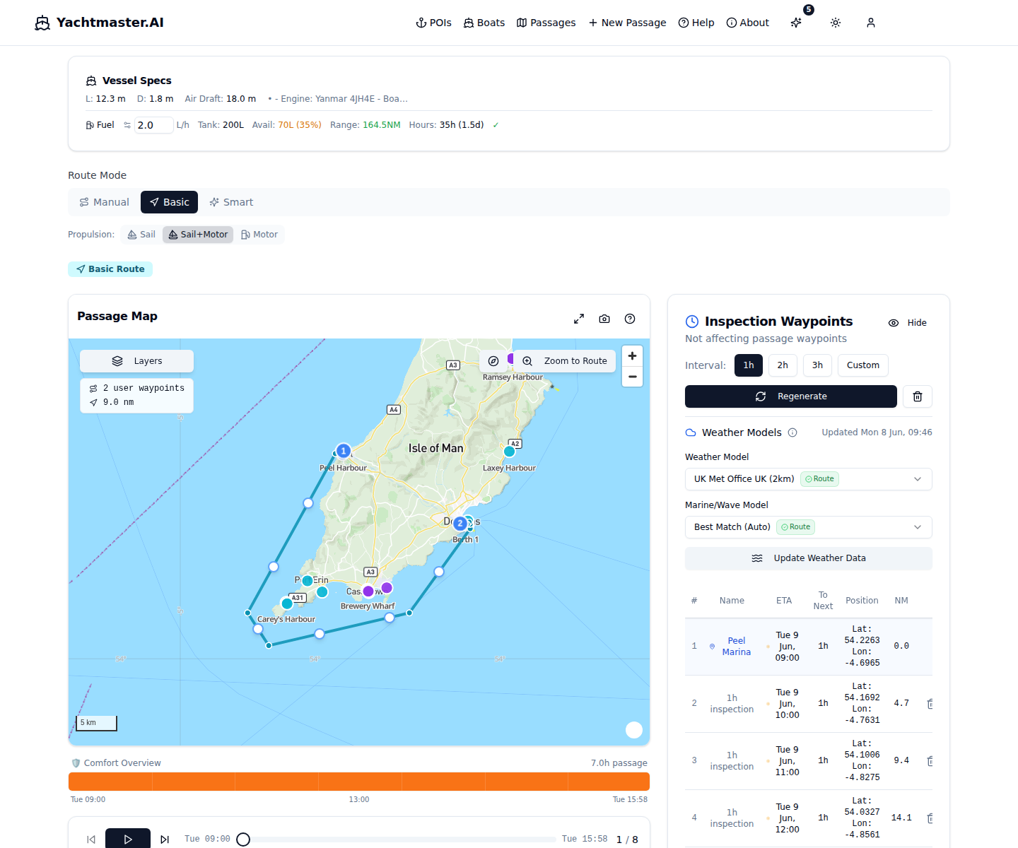 Vessel specs panel showing boat dimensions and fuel calculations